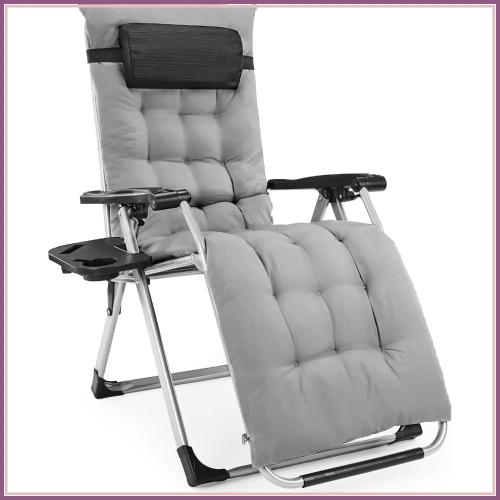 

Zero Gravity Reclining Chair with Cup Holder and Removable Cushion, Folding Outdoor Lounge for Patio or Indoor Use, Grey