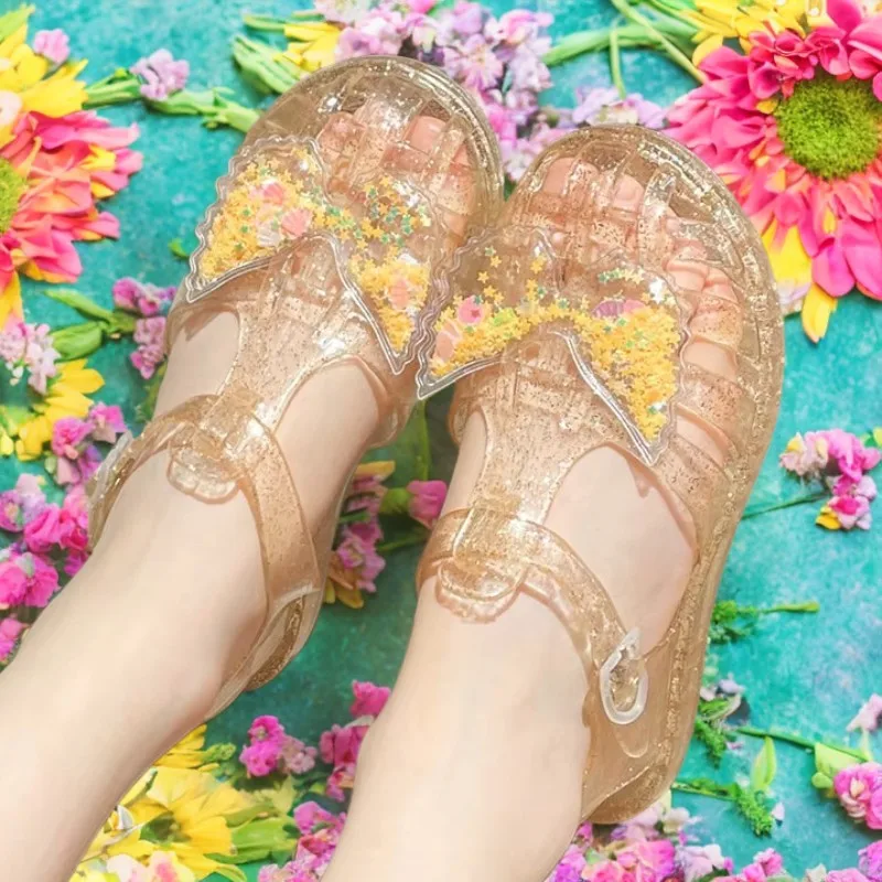 

Kids'Sandals PVC Sparkling Butterfly Fashion Flat Crystal Jelly Shoes For Girls Breathable Anti-slip Pink White Size 24-34