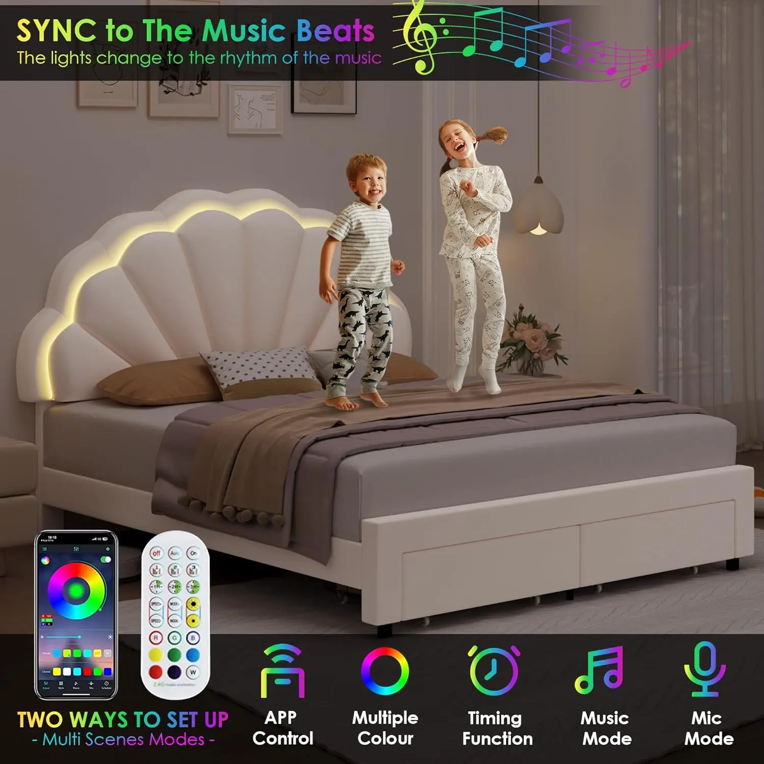 Upholstered Smart LED Bed Frame with 2 Storage Drawers & Adjustable Chic Double Petal Headboard, Velvet Princess