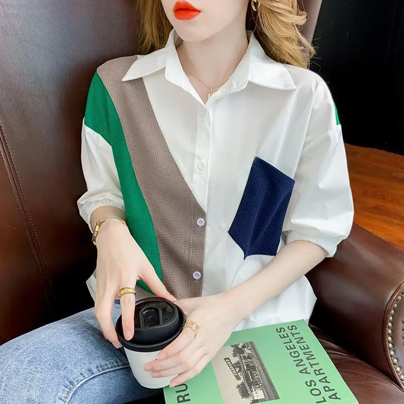 Women Summer New Polo Collar Shirt Commuting Simple Fashion Contrast Splicing Button Pockets Versatile Casual Short Sleeve Tops