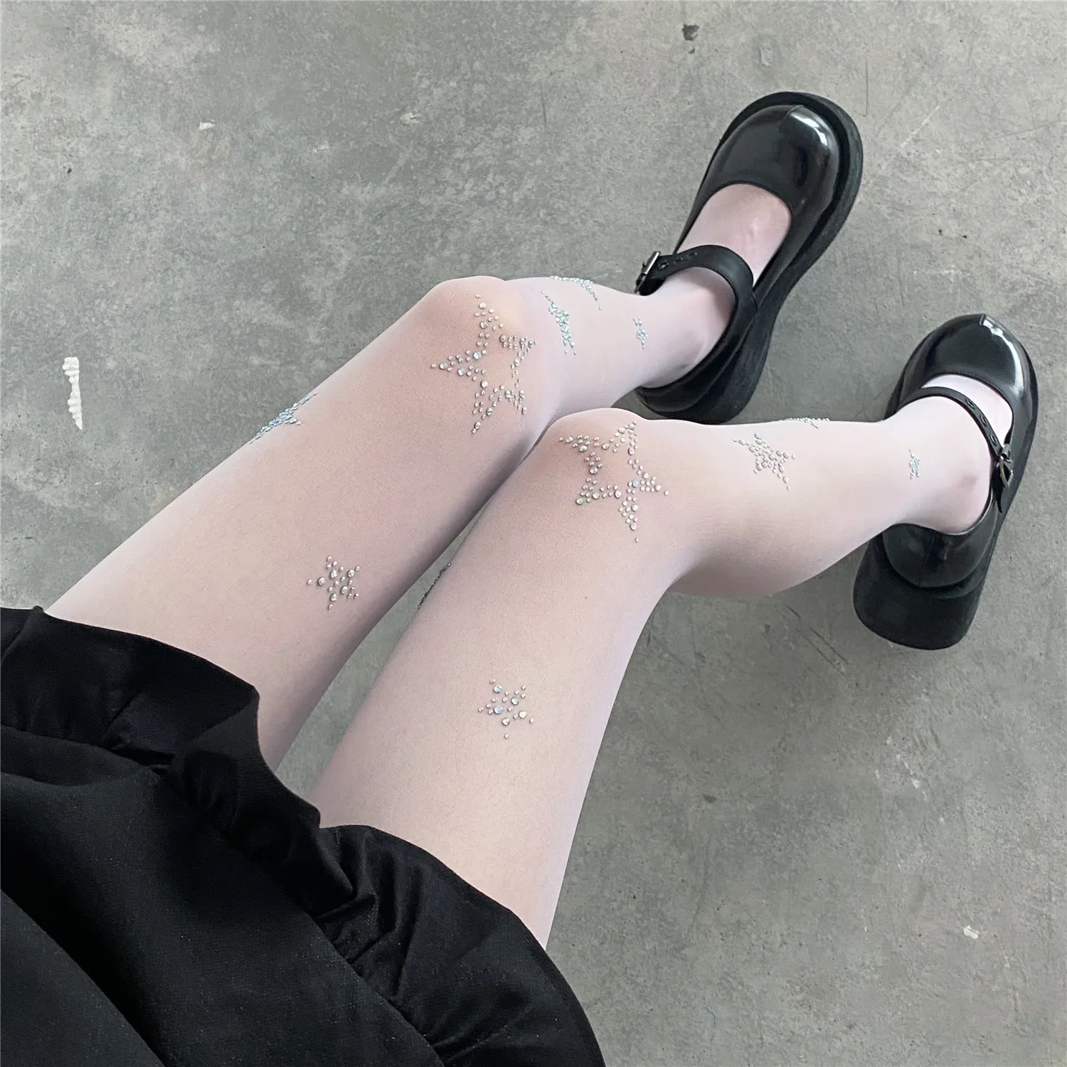 กางเกงขาสั้นสตรี Star Rhinestone JK Lolita สาวเงาต้นขาสูงถุงน่อง Pantyhose ผู้หญิงเซ็กซี่ชุดชั้นในถุงน่อง Pantyhose