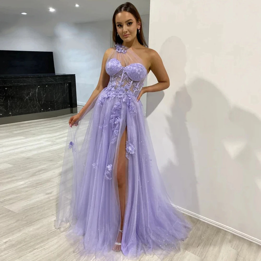 JEHETH Lilac One Shoulder Celebrity Prom Dresses Split Long 2024 Flower Graduation School 3D Flower Tulle Evening Party Gown