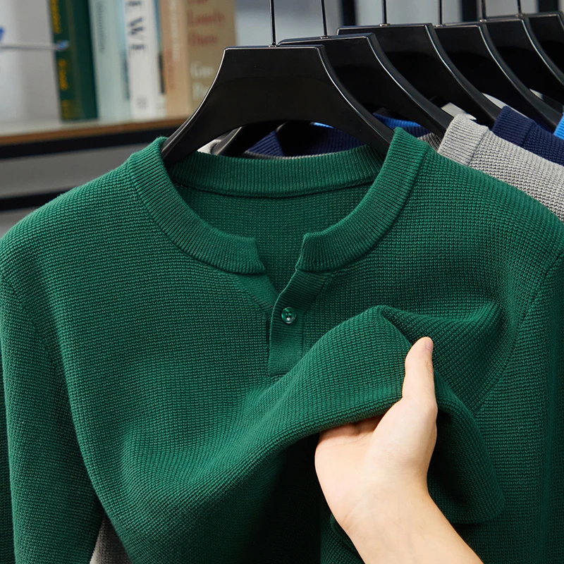 100% Pure Cotton Men Jumpers 2025 Autumn Winter Fashion Henry Collar Sweater Long Sleee Knitwear Pullover Clothes