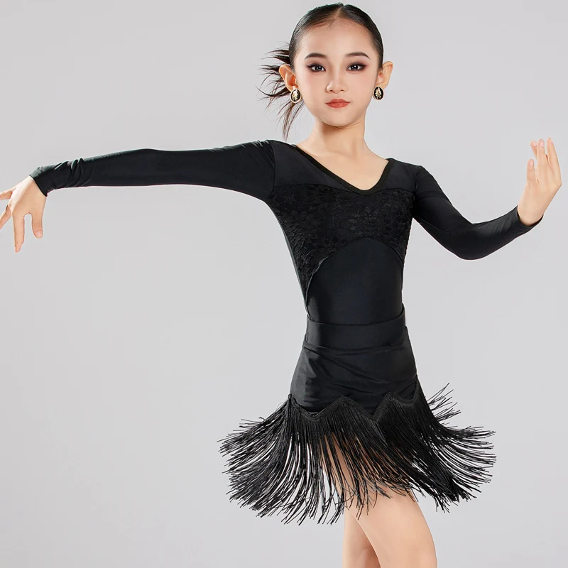 

Черный топ с v-образным вырезом, юбка с кисточками, платье для латинских танцев, чача-румба, танцевальная одежда, костюмы для выступлений, сценическое ношение DQL12316
