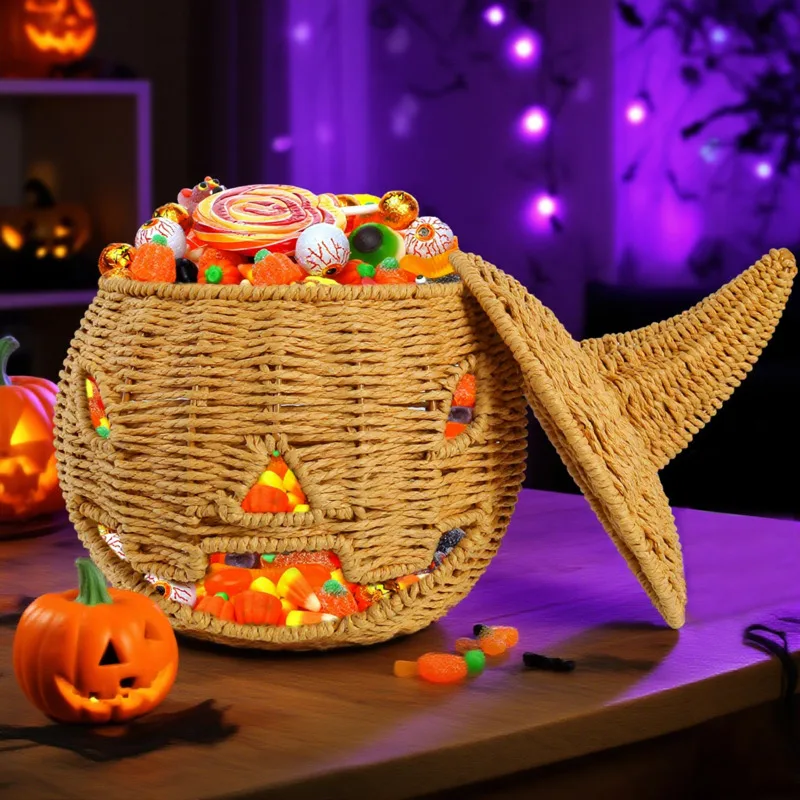 Halloween Pumpkin Candy Basket Woven Jack Lantern Trick Treat Bucket Handmade Witch Party Decor Gift Home Ornament