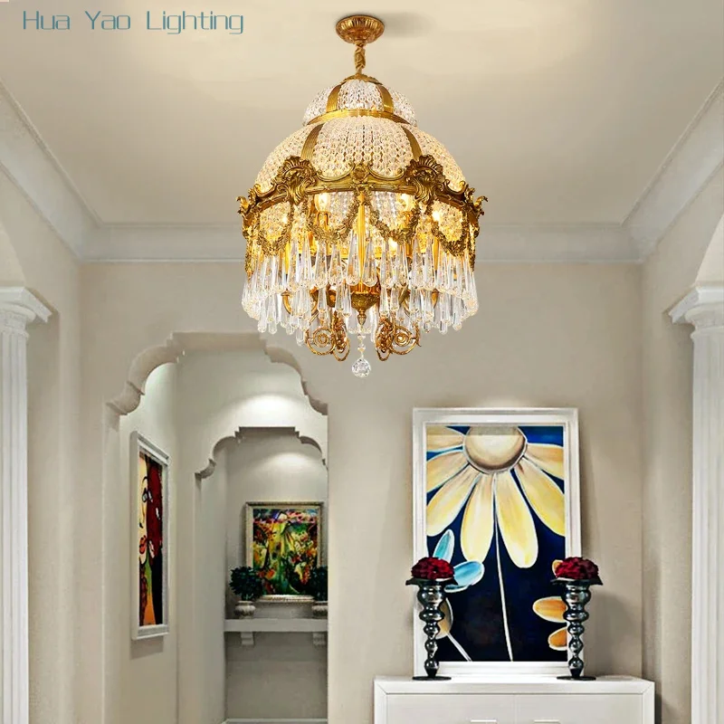 European Style Copper Crystal Chandelier Living Study Bedroom Hotel Restaurant Lobby Decorative Pendent Light