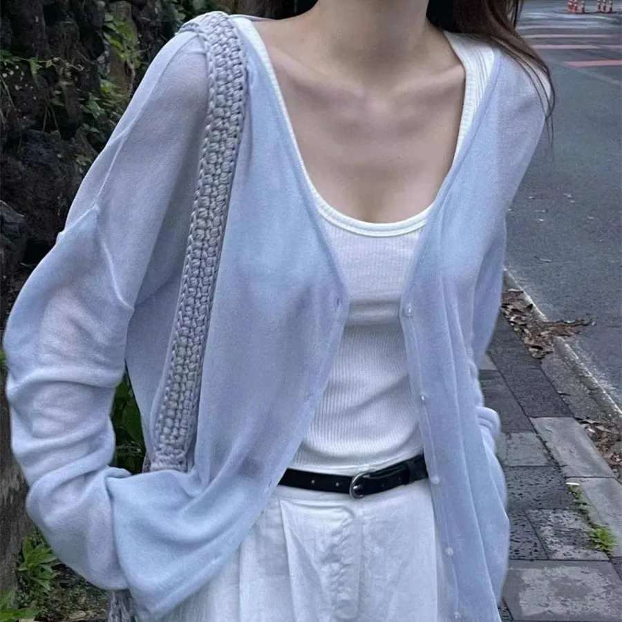

Легкий вязаный кардиган с v-образным вырезом, повседневная свободная посадка на пуговицах, летняя верхняя одежда, женская летняя одежда 202, TING