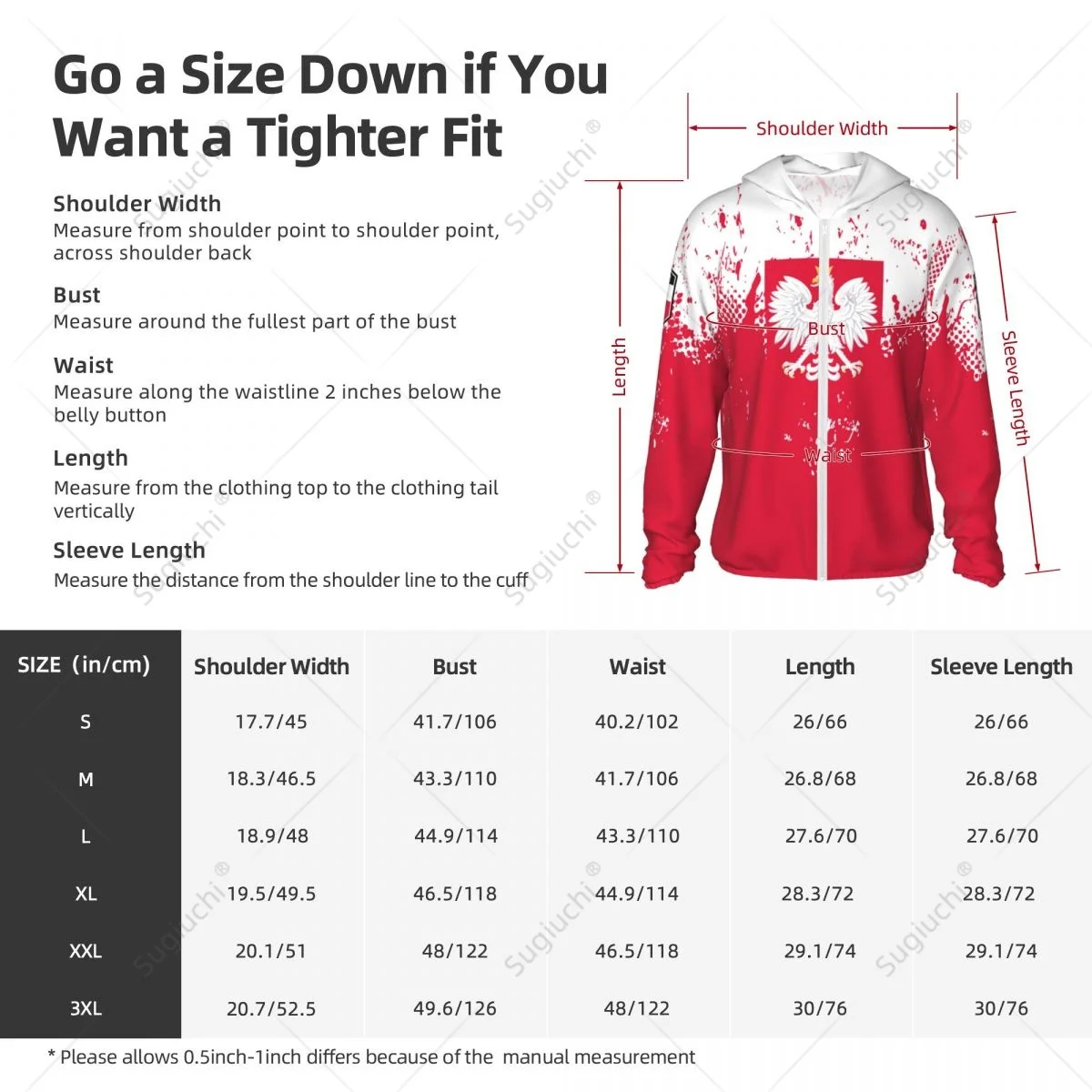 Polska Flaga Ochrona przeciwsłoneczna Bluza z kapturem Odzież z filtrem przeciwsłonecznym Wędkarstwo Jazda na rowerze Bieganie Szybkoschnący Długi rękaw Z zamkiem błyskawicznym Poliester