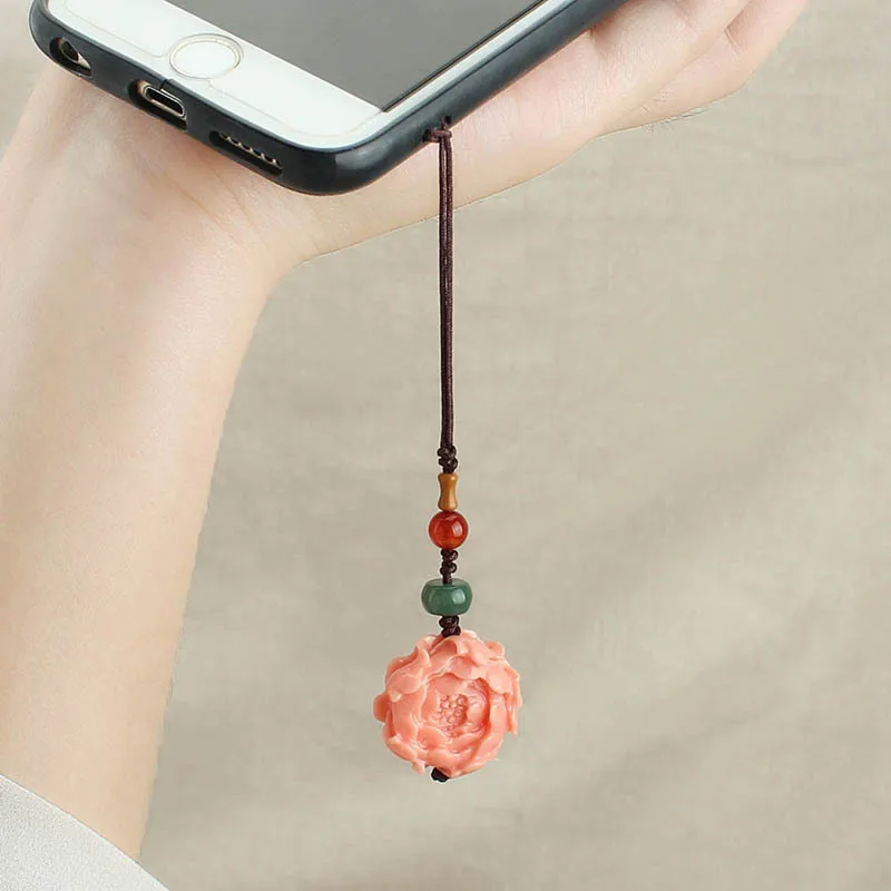 DIY accessories Pink peony flowers bloom rich mobile phone lanyard bag small pendant pendant Chinese style imitation lost rope f