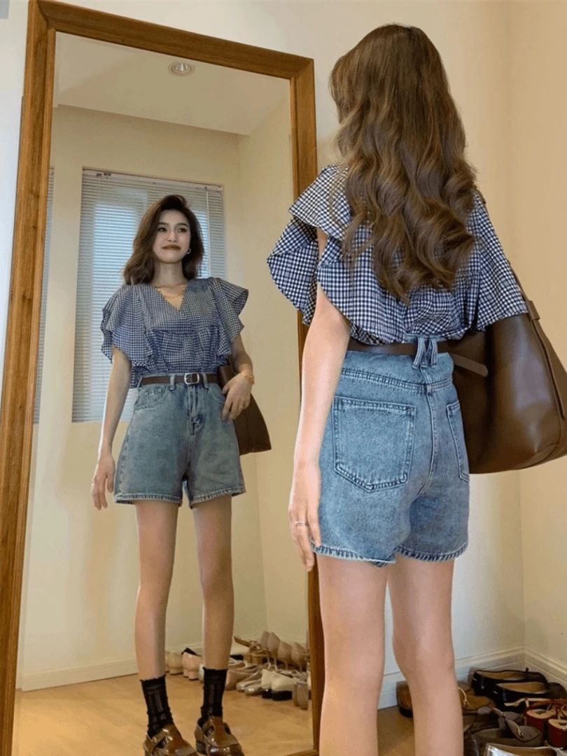 Summer New Sweet Cool Plaid Shirt Women's Casual Wide Leg Pants Set Short Sleeve round Neck Fly Sleeve Top Slimming Effect