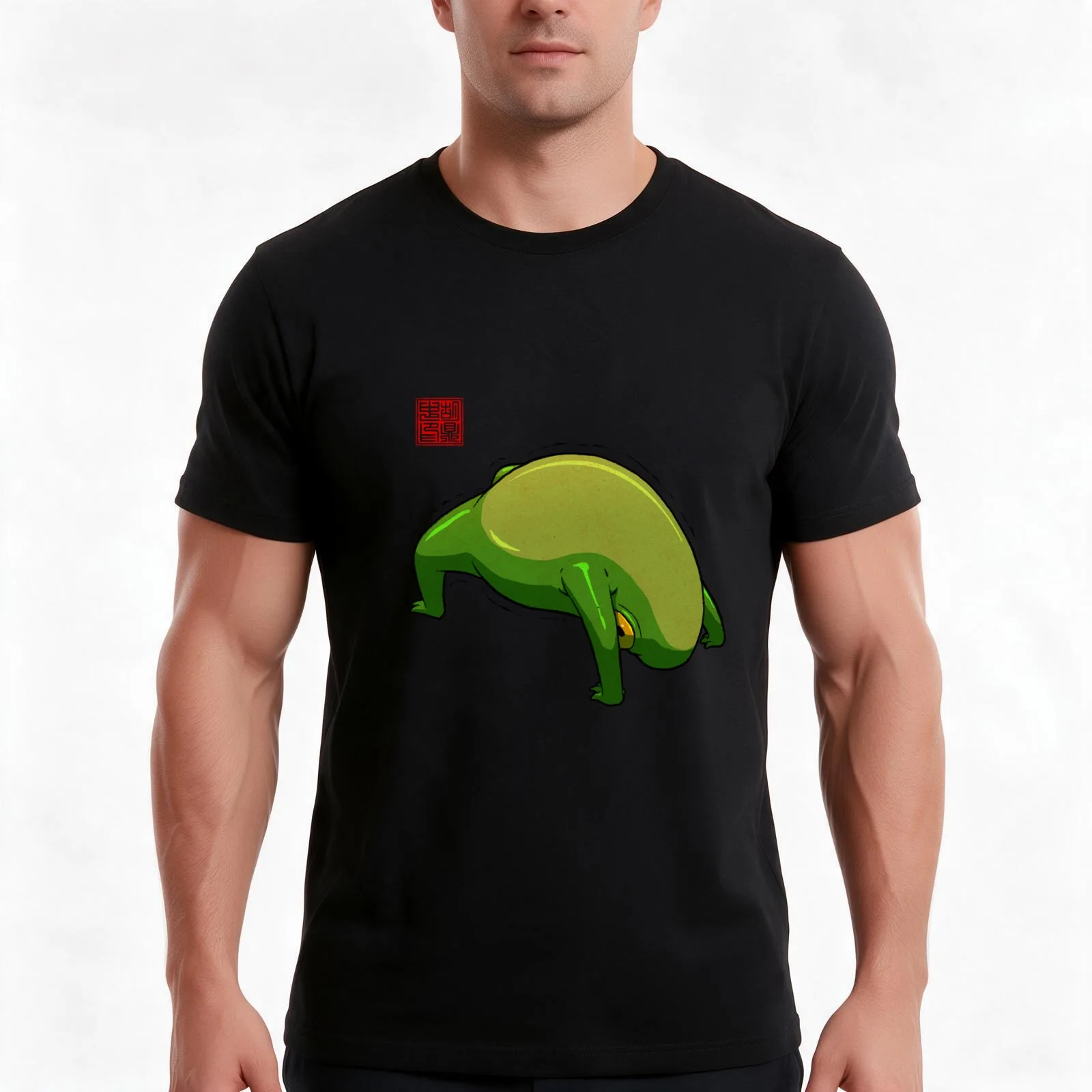Yoga Frog Wheel Pose T-Shirt, Summer Casual Cotton Tee, Oversized Streetwear Tops, Vintage Graphic Print, Loose Fit Short Sleeve