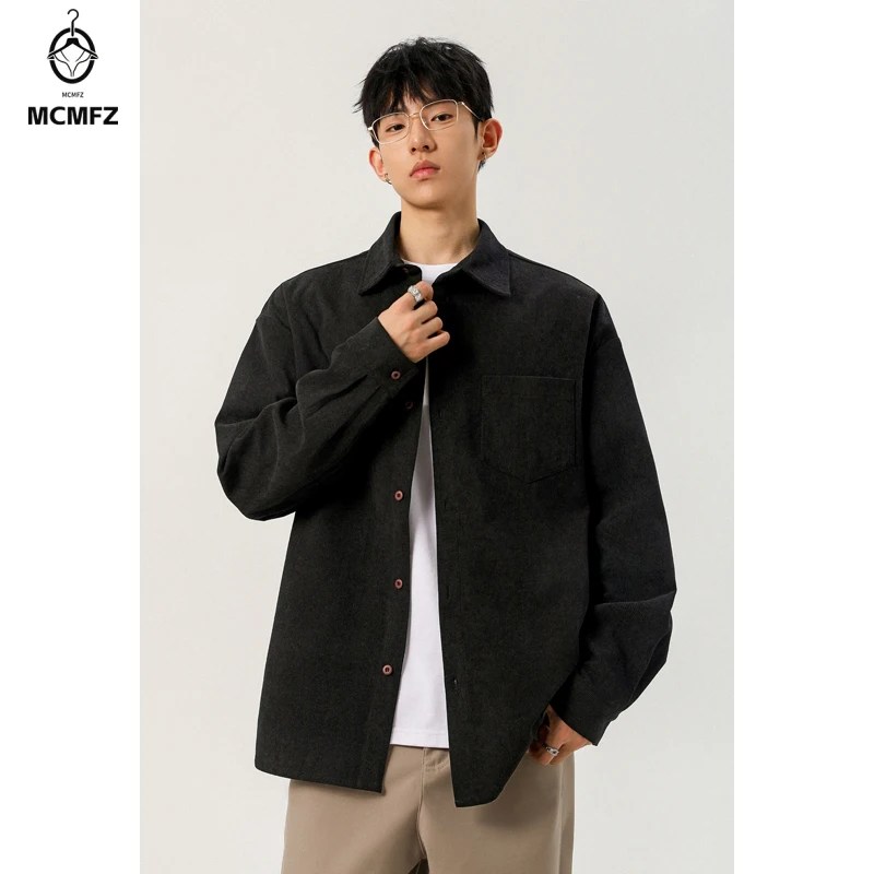 Men Button‑Front Corduroy Shirt Lapel Collar Chest Pocket Loose Oversized Fit For Street Style Dating And Daily Commute Wear