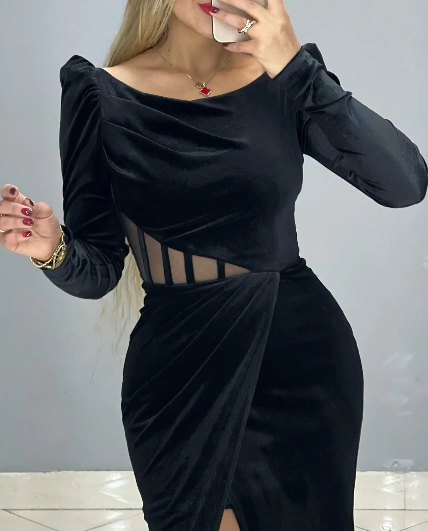 Aangepaste prachtige vierkante kraag zeemeermin avondjurk Hoge kwaliteit velours lange mouwen galajurken Luxe homecoming-jurken