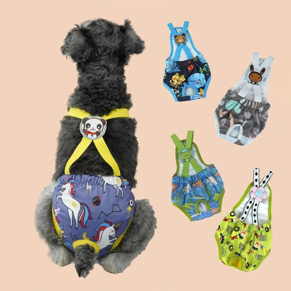 Reusable Dog Diapers Female Underwear Briefs with Adjustable Suspender Cartoon Print Puppy Physiological Pants for Girl Dogs