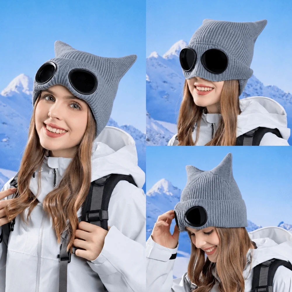 Cute Warm Winter Beanie Windproof Lining Knitted Goggles Hat Soft Cat Ear Ear Protection Hat for Women