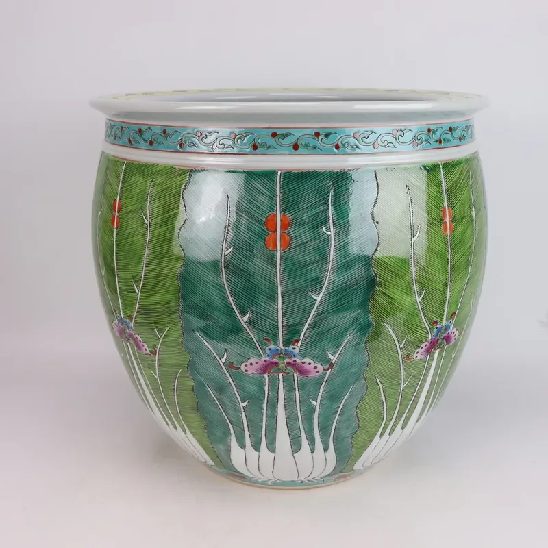 Large Antique Chinese Style Bonsai Pot Hand Painted Green Bok Choy Cabbage Pattern Vintage Ceramic Floor Vase Planter