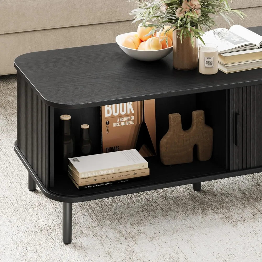 Mid-Century Modern Rectangular Coffee Table with Storage, 47.2 Living Room Wood Centerpiece with Sliding Shelf