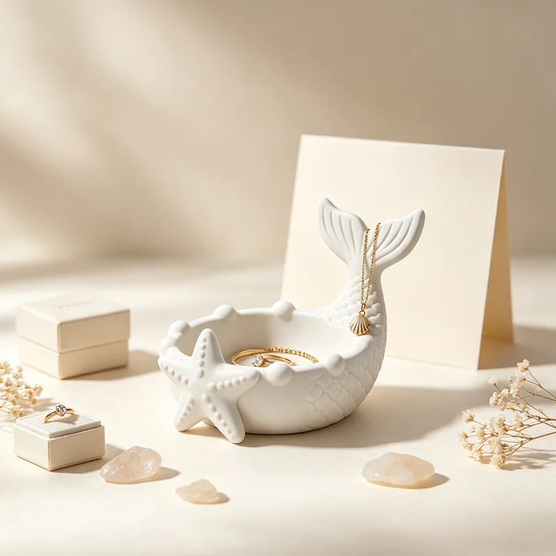 3Dプリントされた白い人魚の尾の形をした飾り皿、エンボス加工 - 3D Printing Ring Holder のレビューと価格