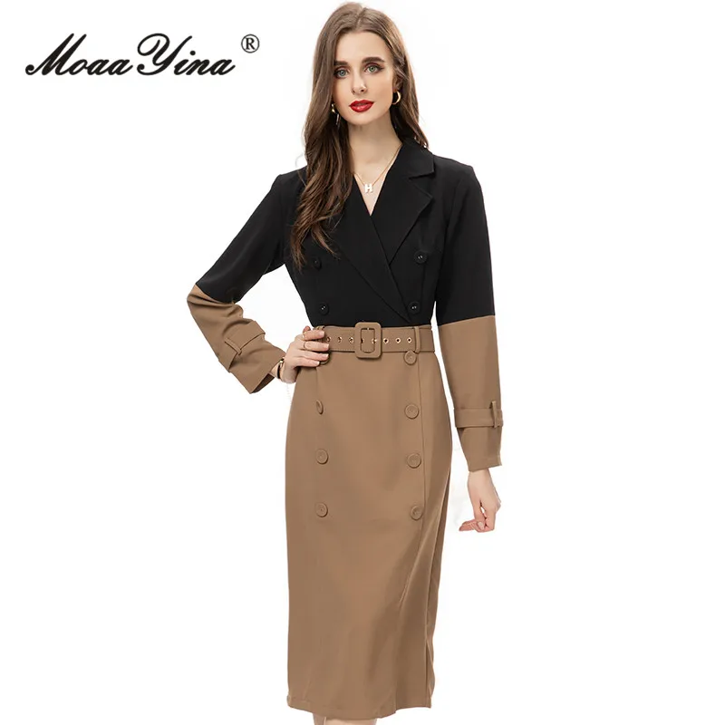 

MoaaYina Autumn Fashion Runway Vintage Hit Color Dress Women Lapel Sashes Double Breasted Package Buttocks Slit Slim Long Dress