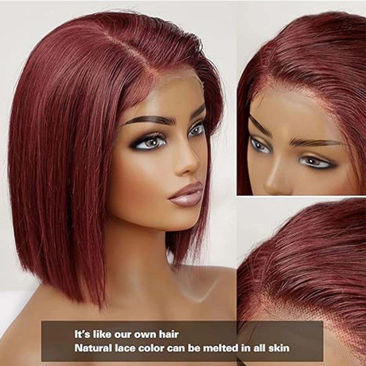 100% Remy Human Hair Wigs for Black Women Short Straight Wine Red Lace Frontal Wigs Side Part Natural Human Hair Bob Wigs