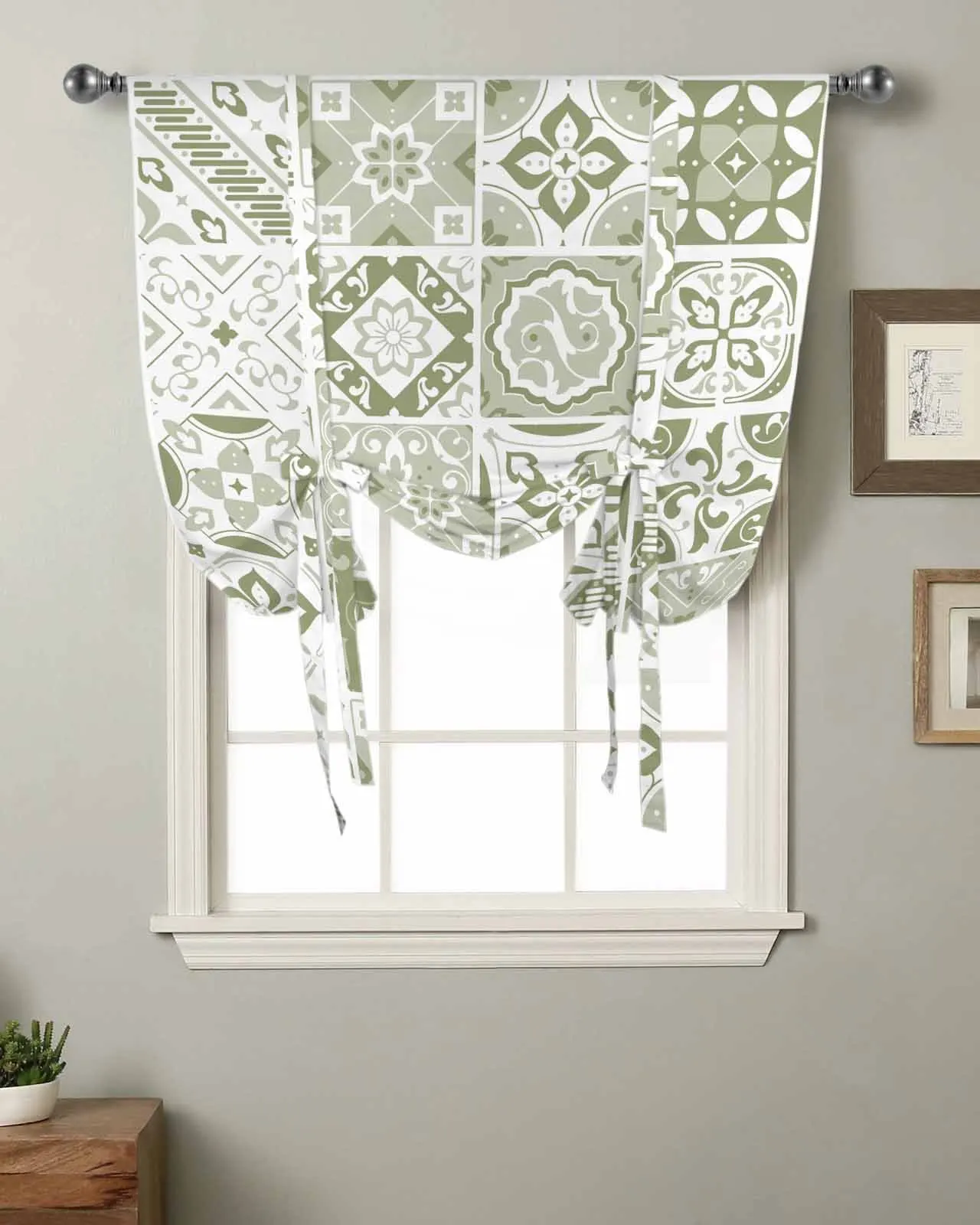 Ceramic Tiles Mediterranean Flower Square Green Window Curtain for Living Room Home Blinds Drapes Kitchen Tie-up Short Curtains