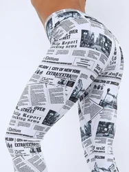 Newspaper Printed Sexy Leggings Women Outdoor High Waist Pencil Pants Workout Leggins Fitness Sports Wear