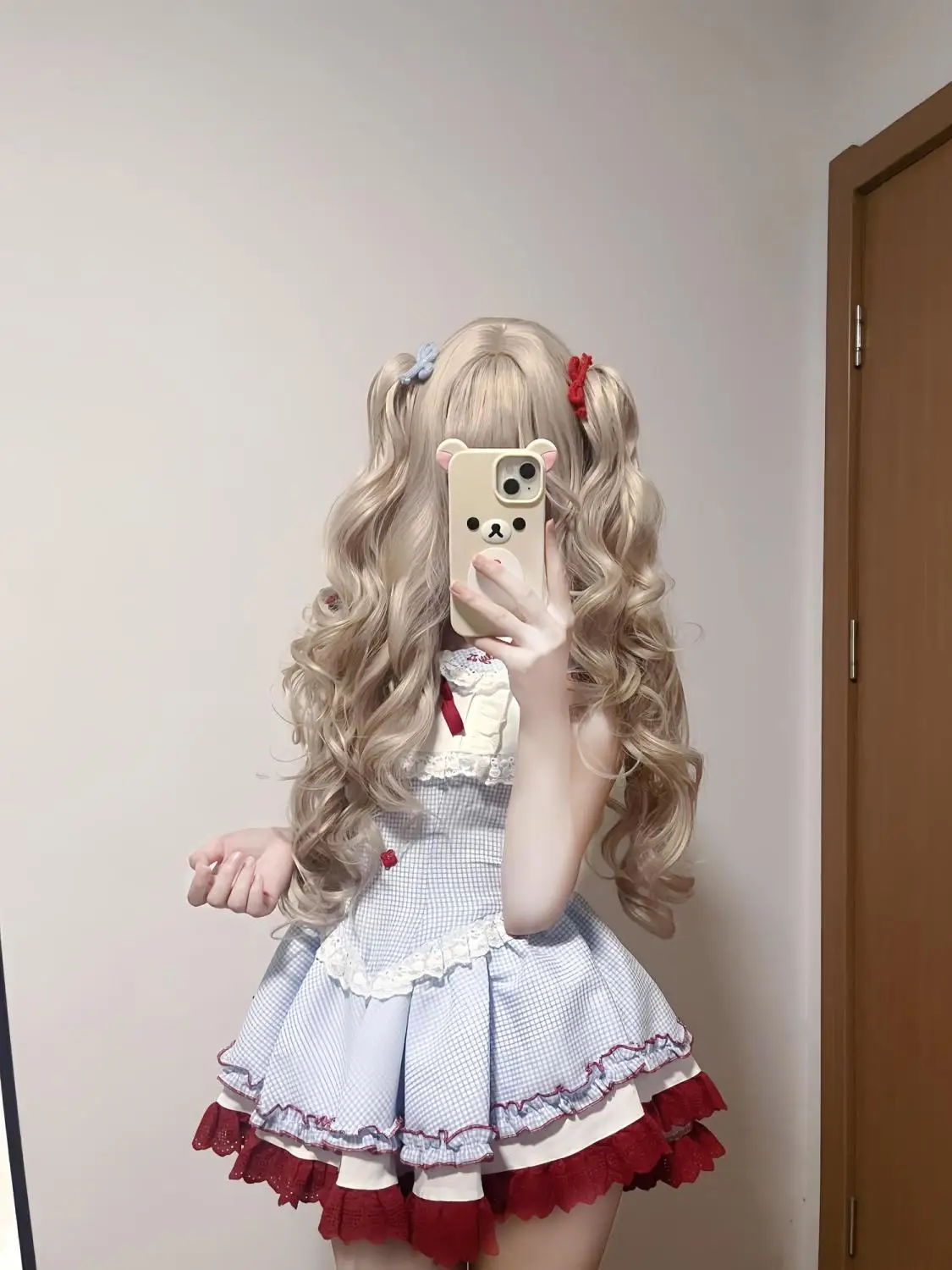 الحلو لطيف فتاة عالية الخصر الأزرق منقوشة الحمالة فستان قصير القوس الدانتيل دمية طوق الصيف فساتين منتفخة جديدة للنساء #2