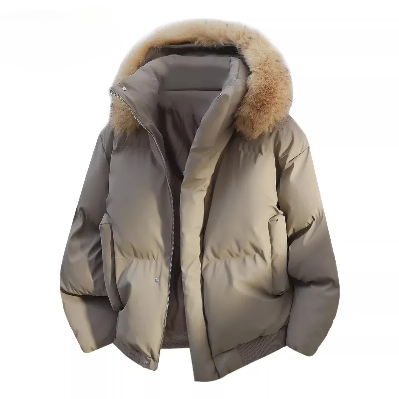 

Мужская зимняя парка с капюшоном, модная женская кожаная парка с меховым воротником, однотонная ветрозащитная толстая теплая свободная корейская куртка 2025