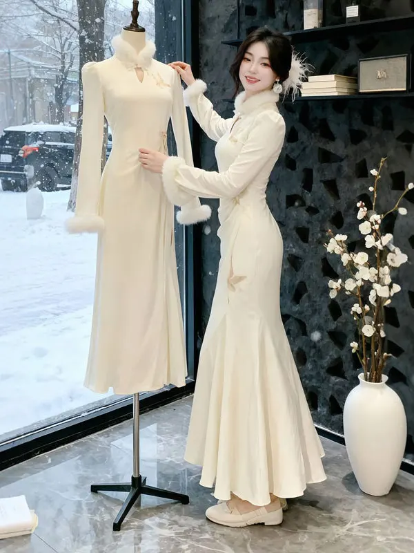 

New Chinese Sle Sweet Bodycon Long Qipao Dr Gentle Wind Soft Color Cotton Tailored for Women Autumn Winter