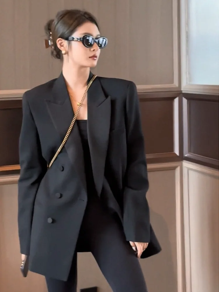 Women's Double Breasted Blazer Jacket Oversized Long Sleeve Minimalist Edgy Niche Versatile Casual Coat Spring Fall Outerwear