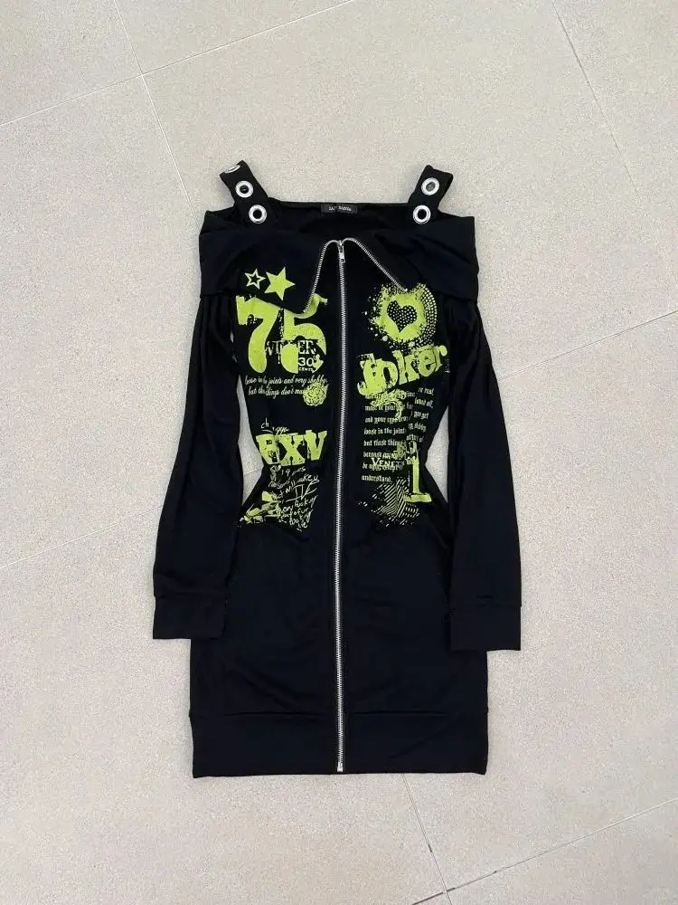 Original subcultura preto fora do ombro punk impresso hip abraçando jaqueta longa outono vintage picante menina fino ajuste zíper cardigan