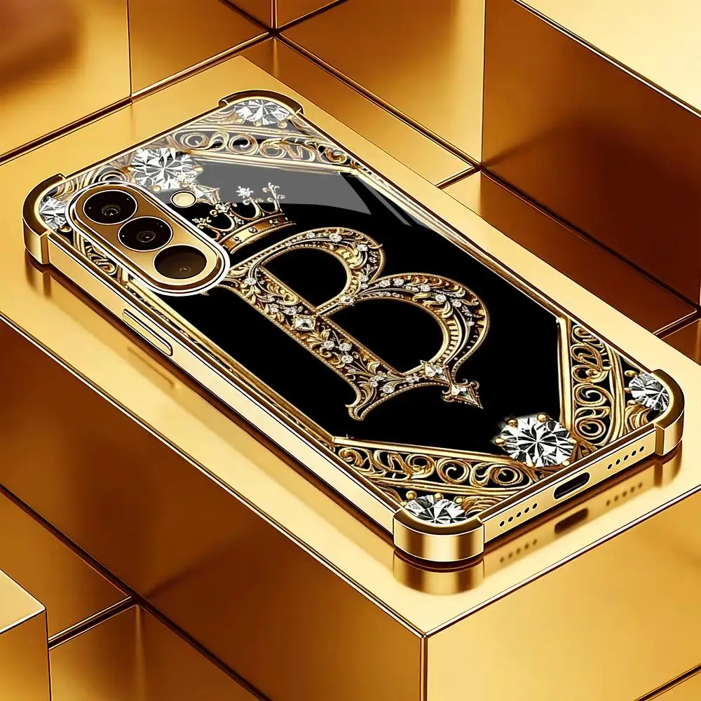 Crown letter B electroplated glass phone case suitable for Samsung Galaxy S26 S25 S24 S22 S21 S20 FE/Ultra/Plus anti drop