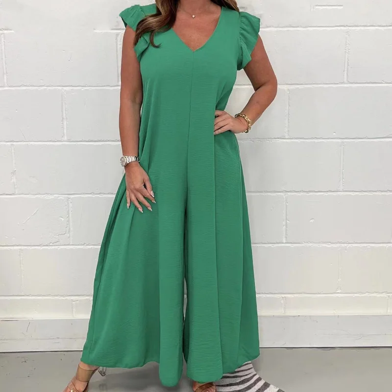 2023 Zomer Nieuwe Elegante Veelzijdige Dames 3/4 Mouw V-Hals Losse Taille Wijde Pijpen Casual Eenvoud Forenzenmode Jumpsuits