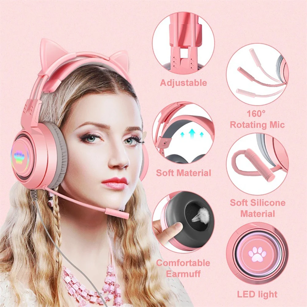 Cuffie da gioco Cat Ear per cuffie per computer PC con microfono con cancellazione del rumore Cuffie stereo con riduzione dei bassi con luce incandescente cablata