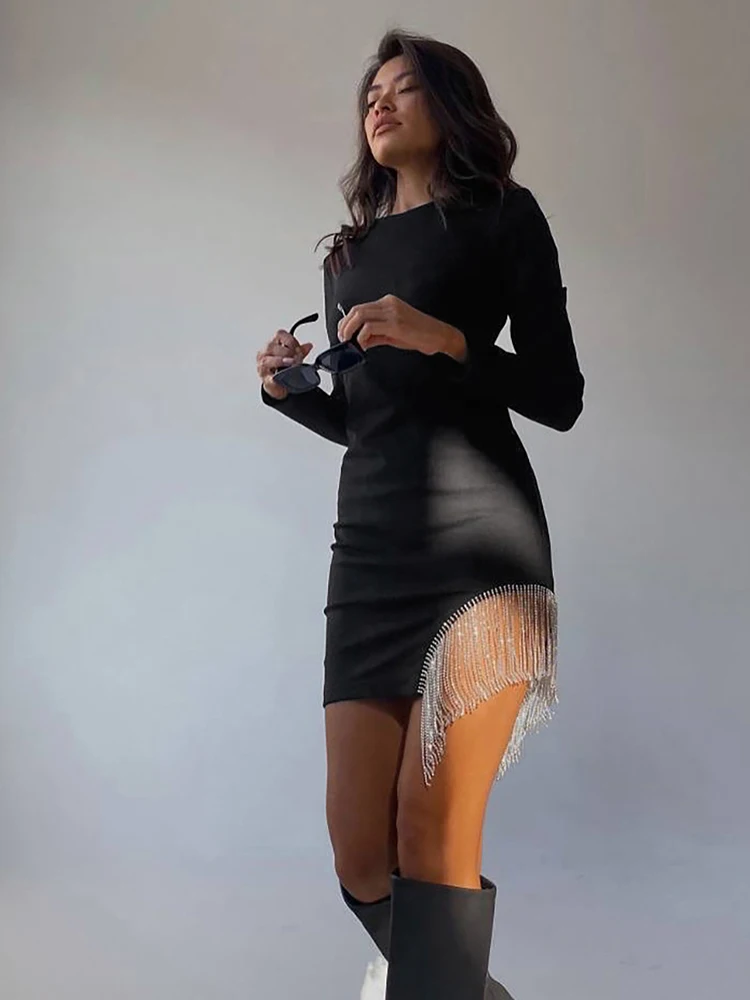 غريب سنور أنيقة شرابة فستان المرأة الربيع الاتجاه س الرقبة كم كامل غير النظامية هيم الخوخ الورك مثير بسيط تمتد نحيل Bodycon #2