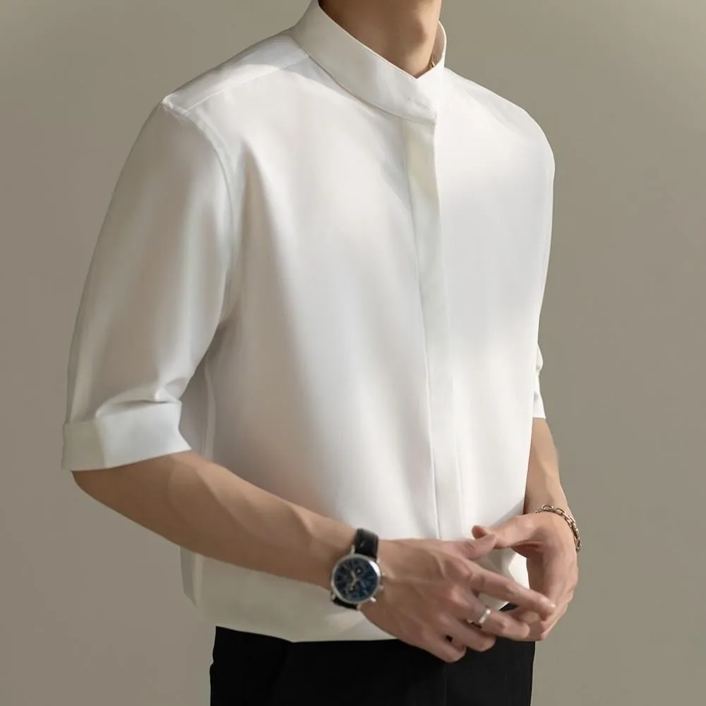 Men's Stand Collar Draped Shirts Vintage Casual Button-down Half Sleeve Shirts for Men Leisure Solid Color Luxury Clothing