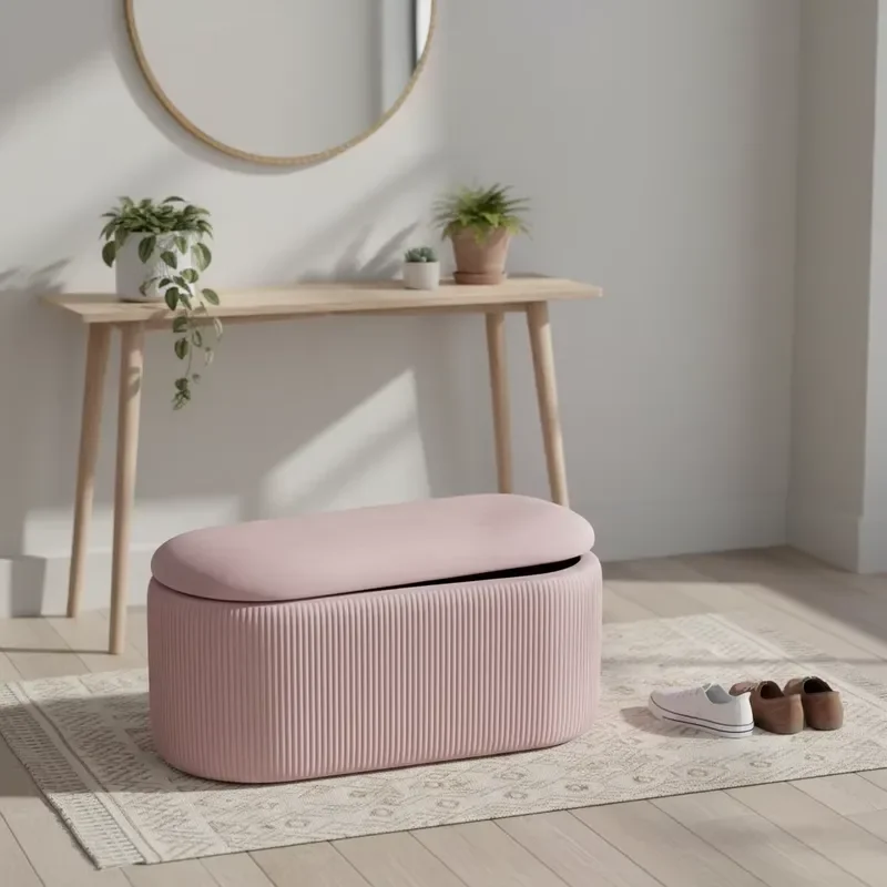 Living Room Bedroom Home Hotel Modern Minimalist French Pink Velvet Foot Stool Ottomans Storage Bench