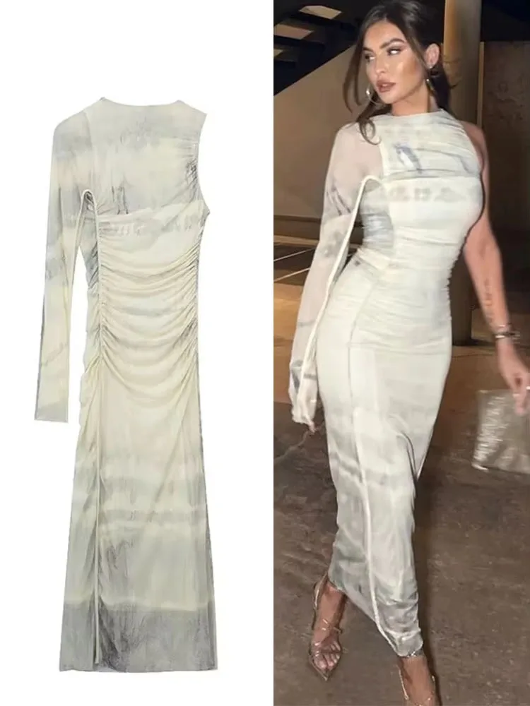 

HH Women's Printed Tulle Asymmetric Dress Vintage One Long Sleeve Ruched Dress O Neck Back Zipper Slim Female Long Dress