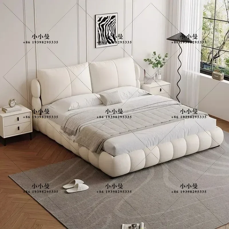 Cream wind leather French double high PC and console game sleeper puff bed. M small apartment storage bed