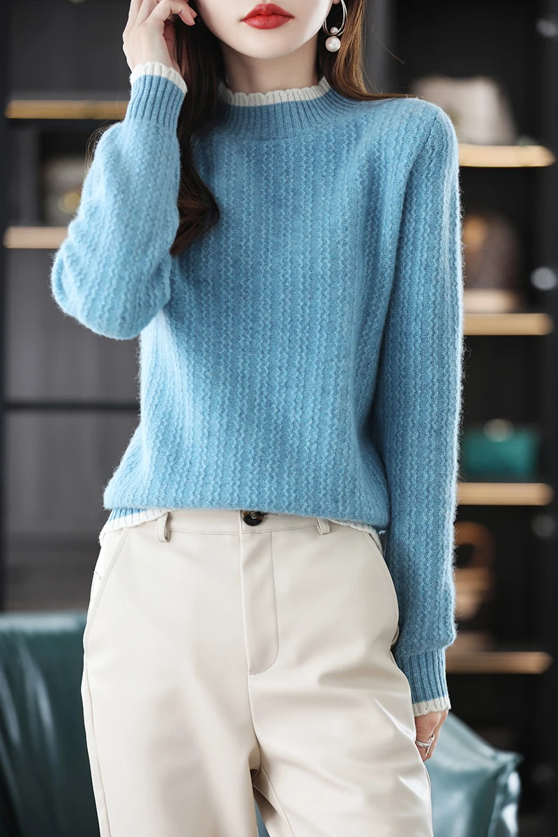 Basic Autumn Winter Women Solid Color 100% Merino Wool Sweater O-Neck Cashmere Pullover Long Sleeves Classic Fashion Top