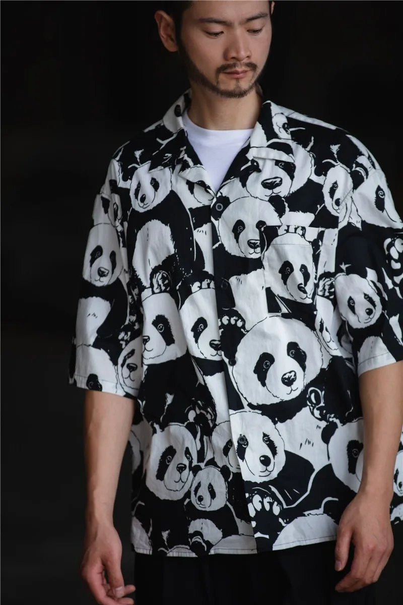 Cute Panda Full Print Black Cartoon Shirts Half Sleeve Oversized Blouse for Men Summer Hawaii Beach Tops Hip Hop Kawaii Clothes