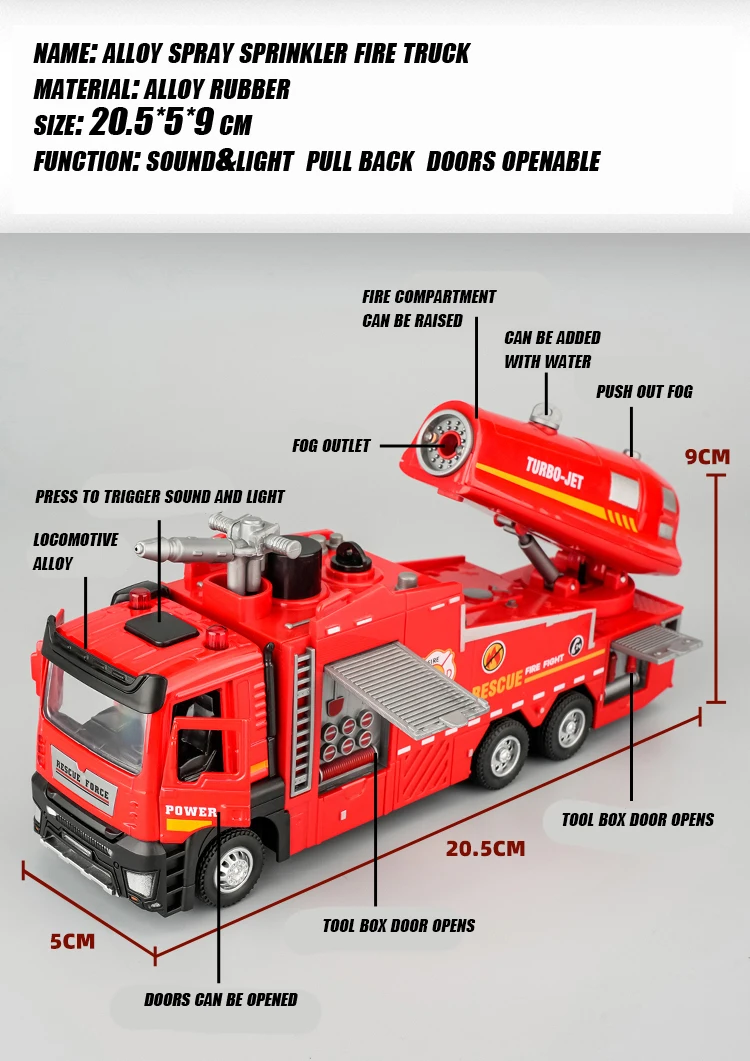 New 1/32 Fire Truck Model Toy Car Die-cast Metal Light Sound Simulation Water Spray Rescue Vehicle Pull-Back Car Models Gift