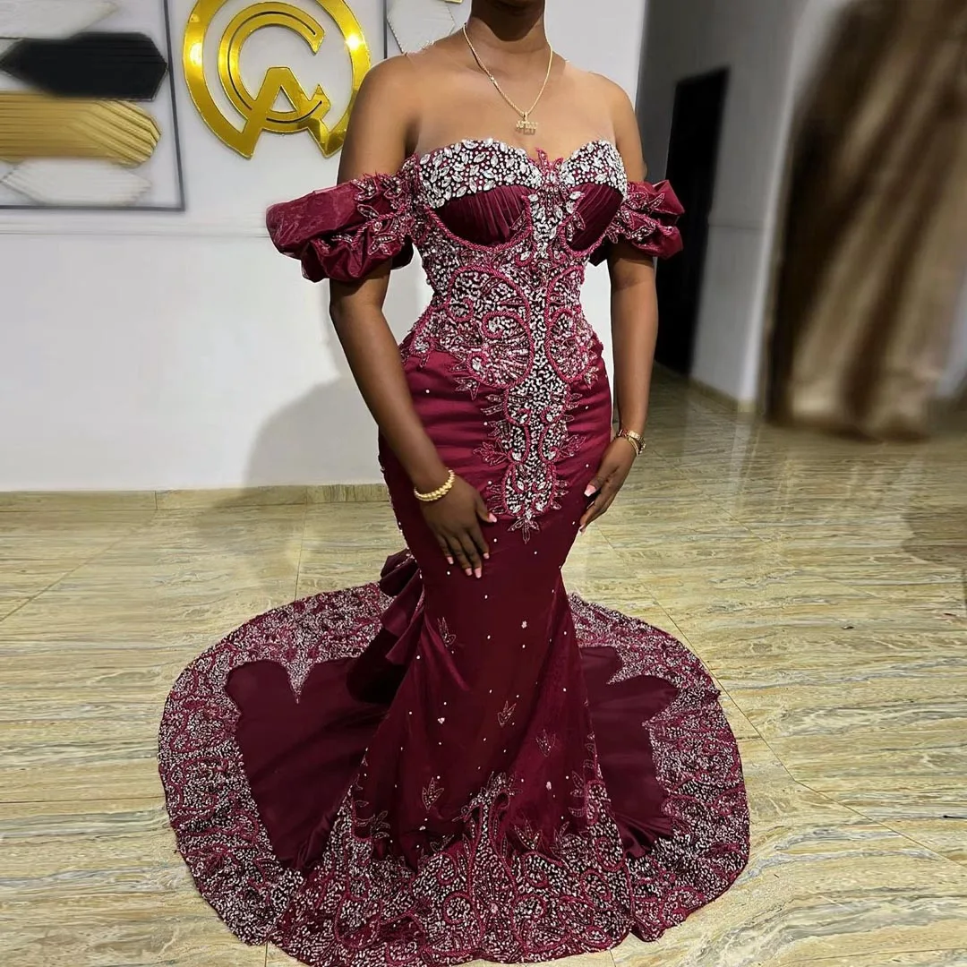Elegant Lace Appliques Mermaid Evening Dresses Sheer Necklines Burgundy Beaded Aso Ebi Prom Gowns Luxury Crystal Party Dress