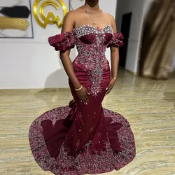 Elegant Lace Appliques Mermaid Evening Dresses Sheer Necklines Burgundy Beaded Aso Ebi Prom Gowns Luxury Crystal Party Dress