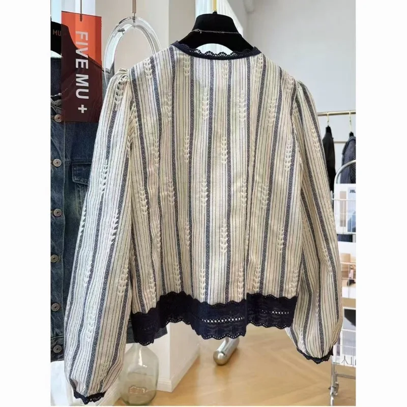 Women'S Long-Sleeved Shirt Fashionable Vintage Stripes French Style Autumn Ladies Clothes Lace Trim T-Shirts Y2k Cropped Tops