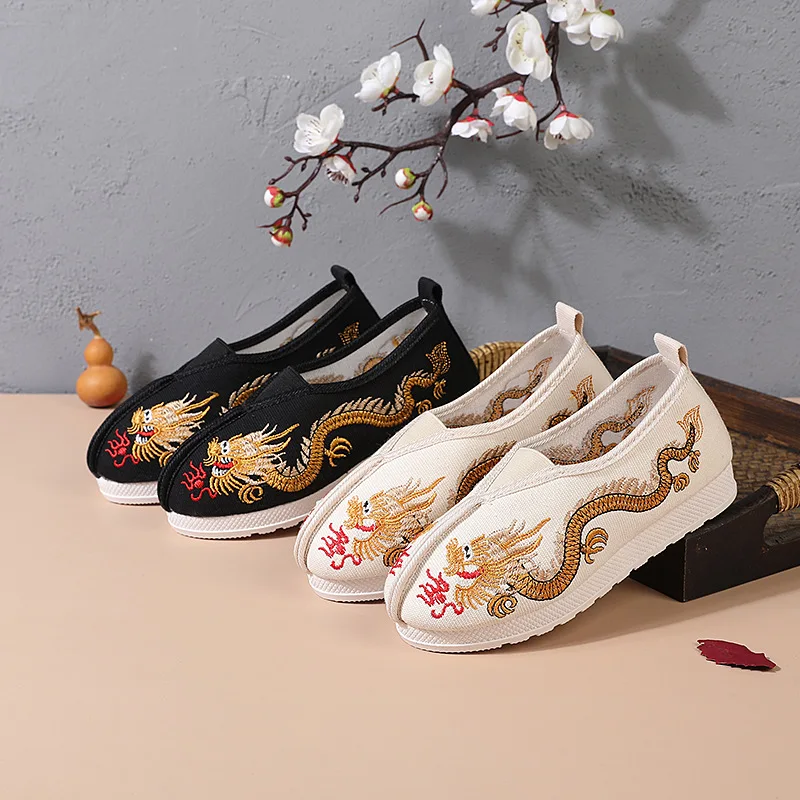 Comfortable Boys Casual Shoes Chinese Style Dragon Embroidered Cotton Cloth Shoes for Boy Flat Ancient Perform Shoes Black Beige