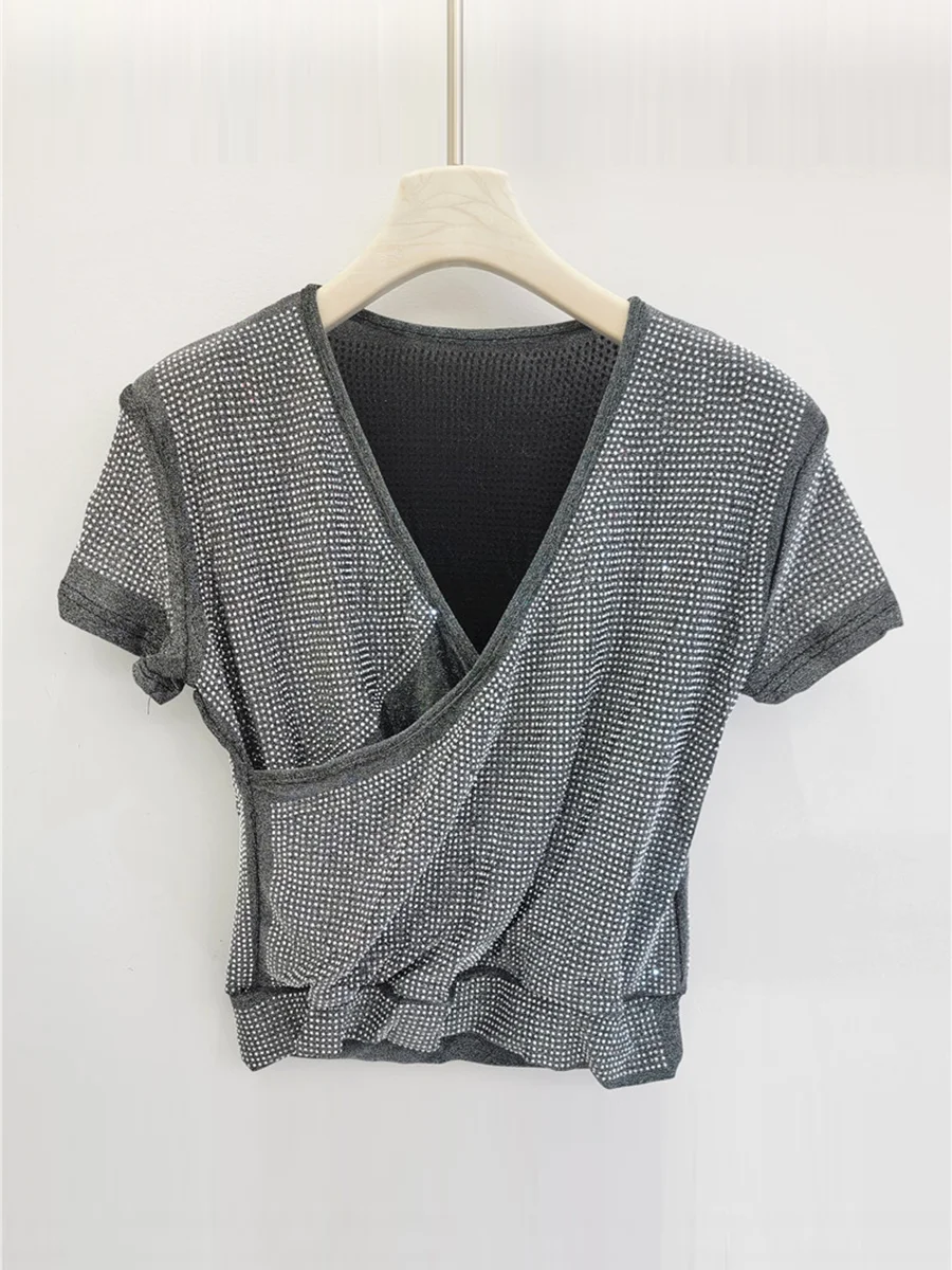 GALCAUR Solid Loose Spliced Diamonds T Shirts for Women V Neck Short Sleeves Patchwork Folds Luxurious Tops Feamle Fashion New