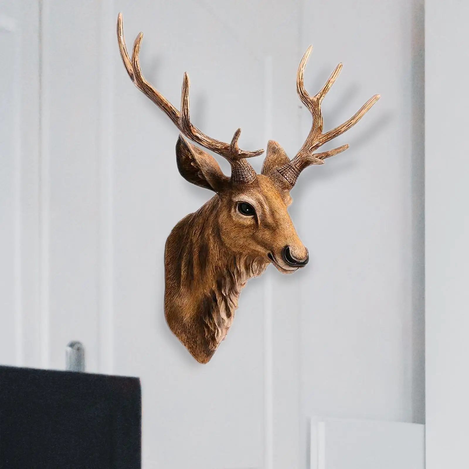 Wall Mounted Deer Head Sculpture Decor Stag Head Animal Head Resin Brown Deer Buck Fake Head Ornament for Dining Room Home Fall