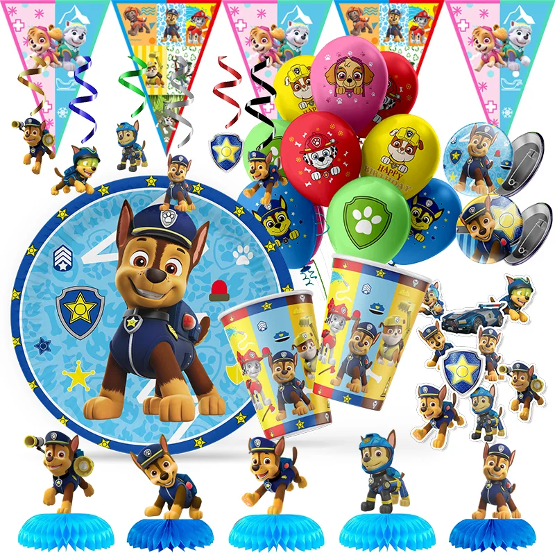 Vajilla desechable con temática de la patrulla canina, decoración para fiesta de cumpleaños, globos de papel de aluminio de látex para niños, suministros para eventos