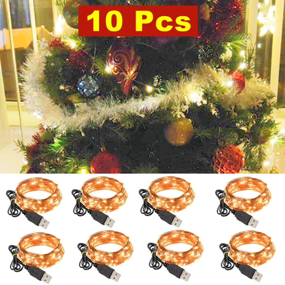 Guirnalda de luces LED con USB para decoración de fiestas, luces de hadas impermeables de alambre plateado de cobre para Navidad, boda, 10 piezas, 6 piezas